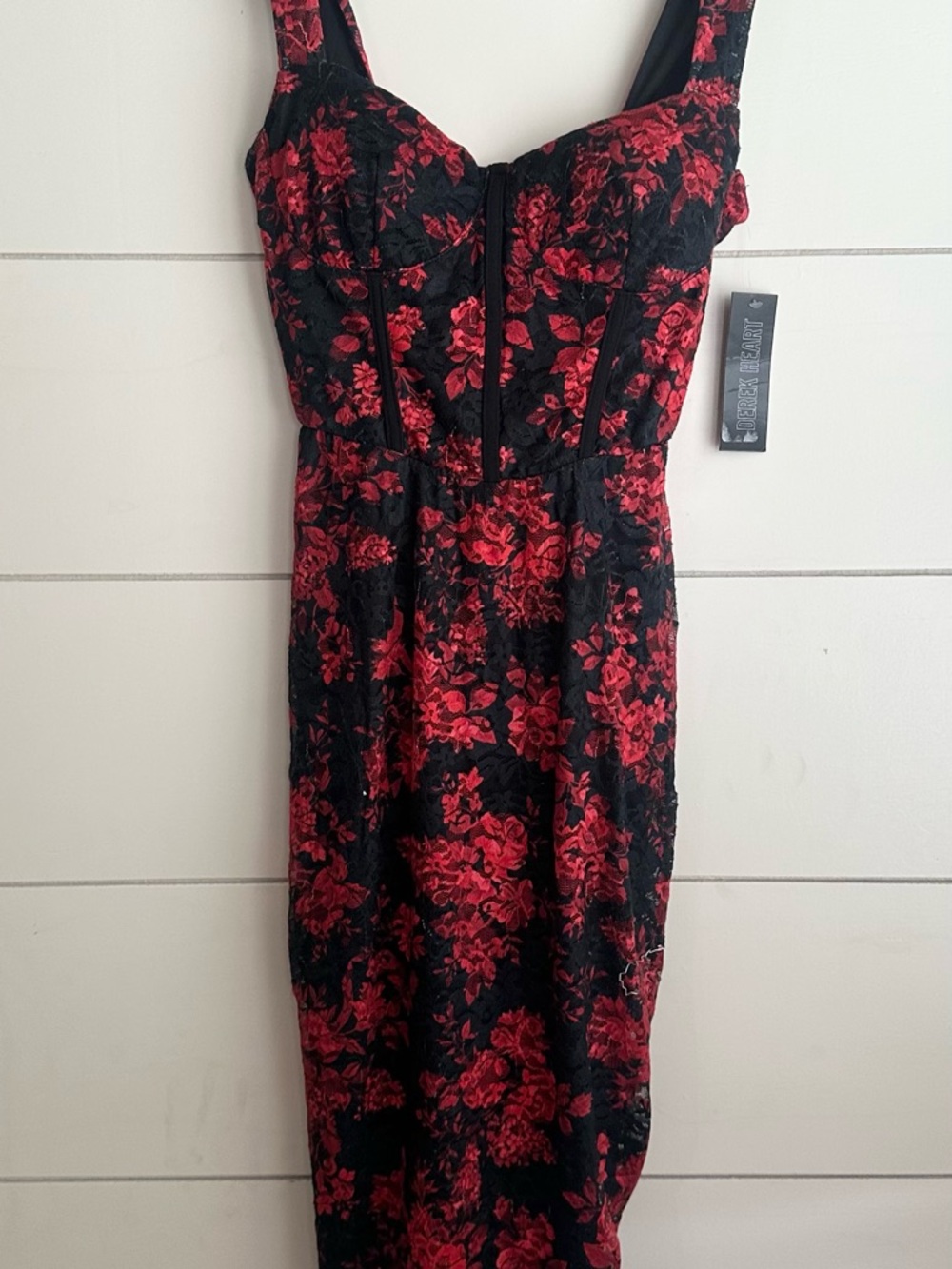 Derek Heart Black Dress with Red Floral Jacquard Midi